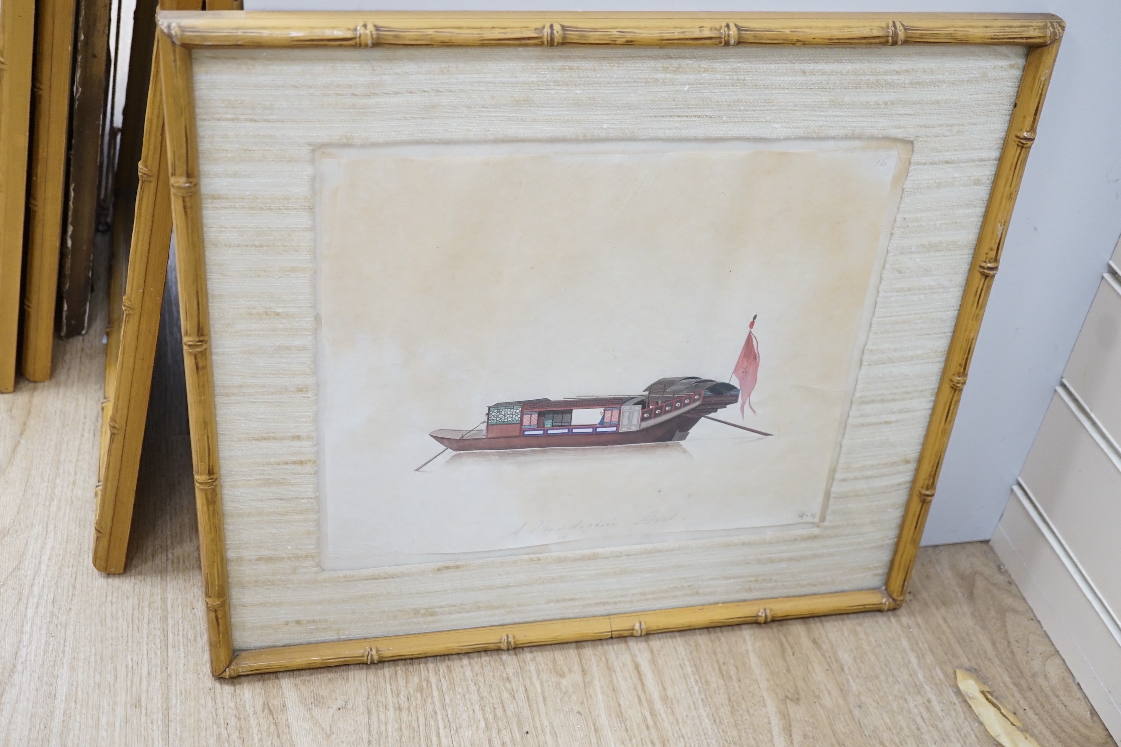 19th century Chinese School, nine gouaches on pith paper, Studies of water-going vessels, inscribed in Chinese and titled in English, giving the names and uses of the various vessels, 29 x 34cm